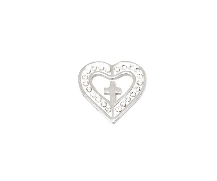 Rhinestone Heart Cross Pin
