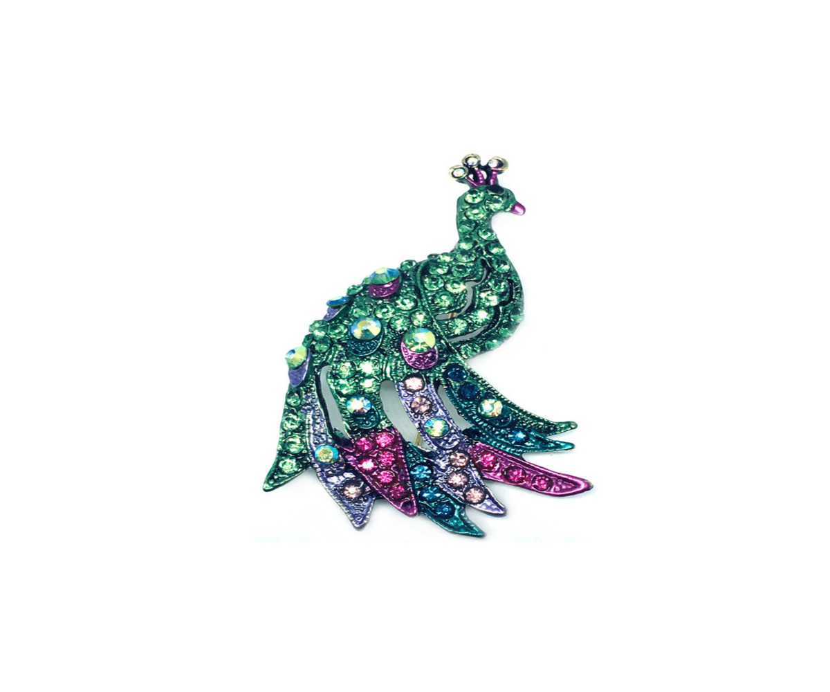 Green Rhinestone Peacock Brooch Pin