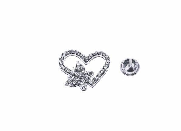 Rhinestone Heart Butterfly Lapel Pin - silver