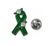 PTSD Awareness Ribbon Pin with Roses – green & white enamel, black plated, 27mm
