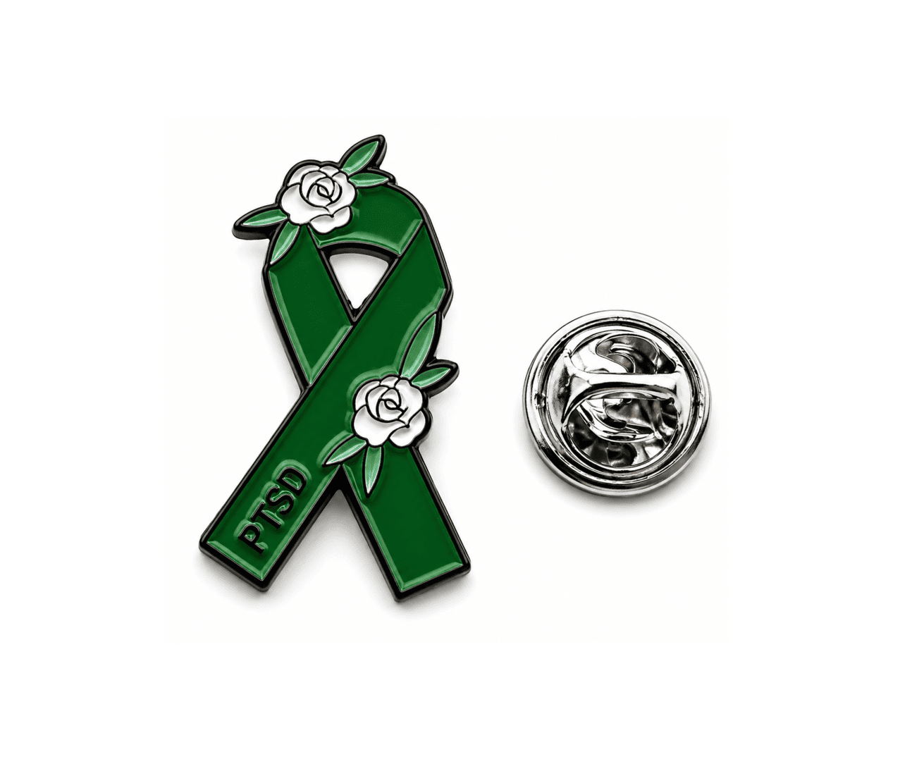 AWR-039 PTSD Awareness Ribbon Pin with Roses PTSD Awareness Ribbon Pin with Roses – green & white enamel, black plated, 27mm