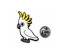 Cartoon Cockatoo Enamel Pin – white & yellow enamel, black plated, 23mm