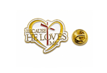 "Because He Loves Me" Cross Heart-Shaped Christian Pin – white, yellow & red enamel, gold plated, 28mm
