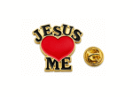 Jesus Loves Me Pin with Heart – black & red enamel, gold plated, 30mm