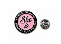 "She Is Fierce, Strong, Brave, Full of Fire" Enamel Pin – pink & white enamel, black plated, 27mm