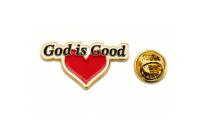 God is Good Lapel Pin – red & white enamel, god plated, 32x18mm