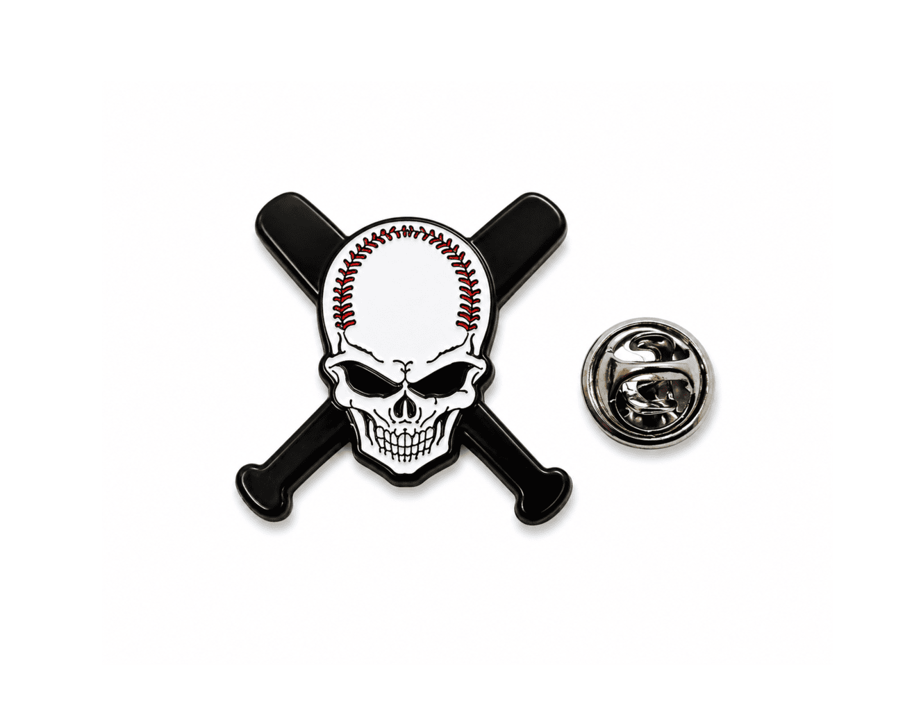 FSKU-047 Skull Pin with Crossed Baseball Bats Skull Pin with Crossed Baseball Bats – white & black enamel, black plated, 40x30mm