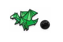 Green origami-style dragon enamel pin with black plating and black butterfly clutch