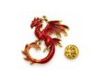 Red and gold dragon enamel pin with spread wings and gold butterfly clutch