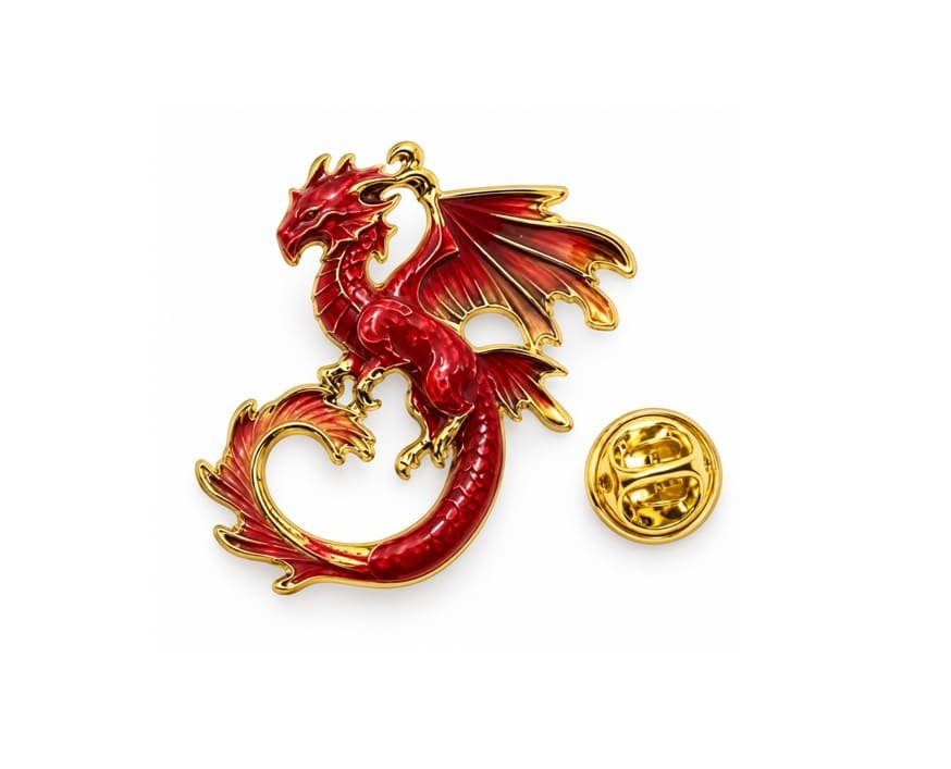 FANI-143 Red and Gold Dragon Enamel Pin Red and gold dragon enamel pin with spread wings and gold butterfly clutch