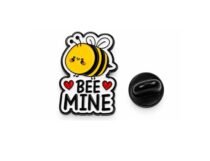 Bee Mine enamel pin with cute yellow bee and red hearts with black butterfly clutch