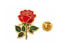 Glossy red rose enamel lapel pin with green leaves and gold butterfly clutch